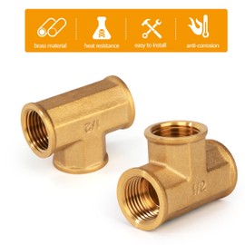 Brass T-piece, 2 pieces 1/2 inch female x female thread x female thread, 90° thread fitting with rubber, metalwork brass pipe T-fitting for water, air, sanitary, drinking water