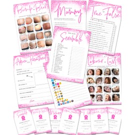 Olivia Samuel Baby Shower Games - 7 Games in 1 Mega Bundle from 10 Player Pack Pink Glitter Design with Winner's Certificates