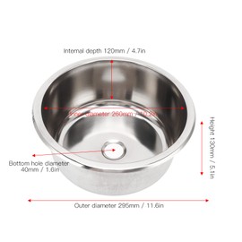 11.6x11.6x5.1in Stainless Steel Round Sink Single RV Kitchen Sink Single Bowl Drop in Bar Sink,40mm Large Diameter Drainage Hole,for RV, Yacht, Motorhome