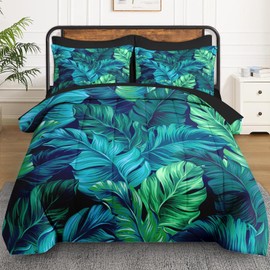 WeCozy 7 Pcs Queen Size Comforter Set with 2 Pillowcases & 2 Shams, Palm Leaf Floral Bedding for Kids and Adults, Turquoise Green Tropical Bed in a Bag with Flat Fitted Sheet