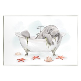 Stupell Industries Manatee Sea Life Swimming Bathtub Bathroom Painting Wood Wall Art, Design By Ziwei Li