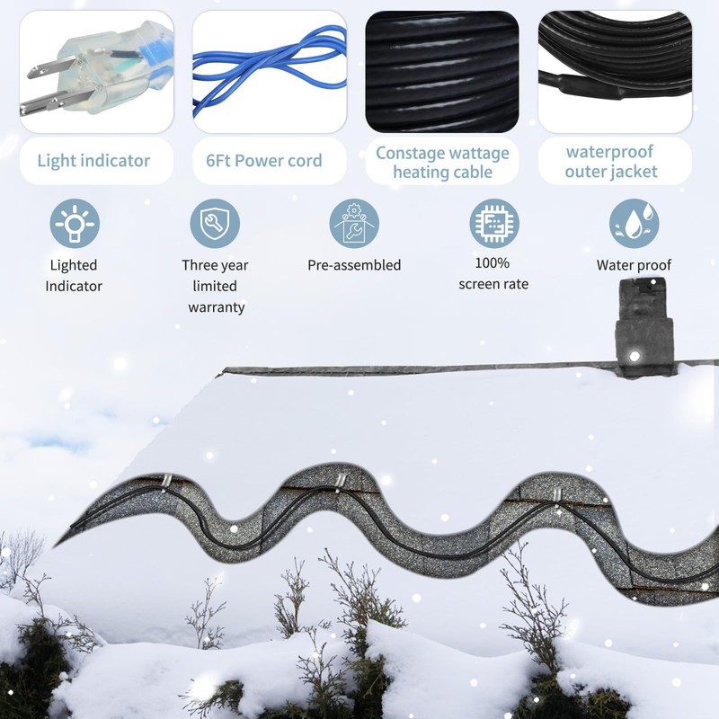 TOPDURE 60ft Roof Deicing Cable, 5w/ft Constant Wattage, CSA ETL