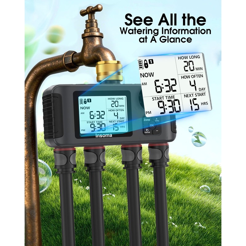 Insoma 4 Zones Sprinkler Timer with Brass Inlet & Outlet,