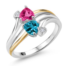 Gem Stone King 925 Silver and 10K Yellow Gold Pink Created Sapphire London Blue Topaz and Lab Grown Diamond 2 Heart Promise Couple Engagement Mother Ring (1.17 Cttw, Available In Size 5, 6, 7, 8, 9)