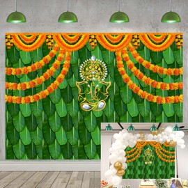 India Pooja Traditional Backdrop for Photography Marigold Green Banana Leaf Chatiya Ganesh Traditional Festival Background Puja Ganpati Wedding Party Decorations Photo Props (8x6FT)