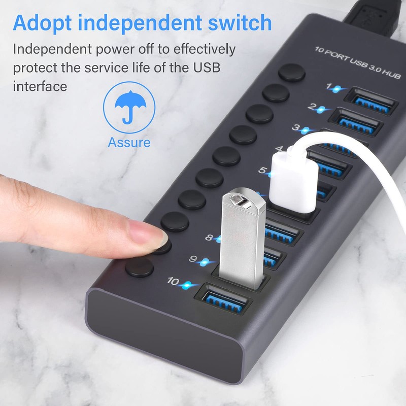 Active USB 3.0 Hub, 10-Port 60W USB Hub with Single
