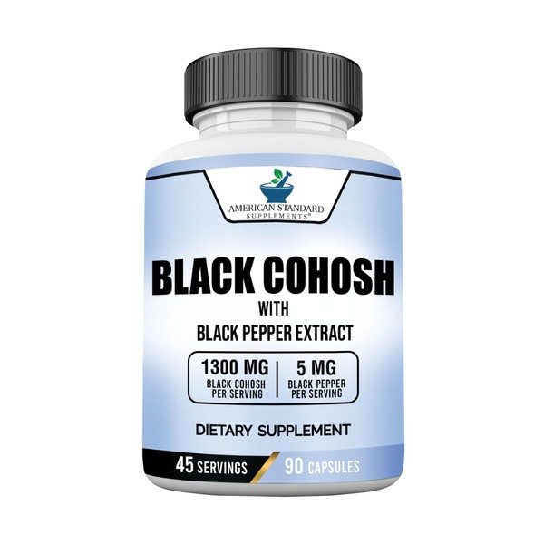 American Standard Supplements Black Cohosh 1300mg Per Serving with Black Pepper Fruit Extract - Vegan, Gluten Free, Non-GMO, 90 Capsules, 45 Servings
