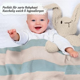 100 % Organic Cotton Baby Blanket - Cuddly Knitted Blanket, Ideal as a Baby Blanket, First Blanket, Bed Blanket or Comforter Blanket, Blue and Pink mint