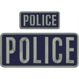 POLICE 2 EMBROIDERY PATCHES 4X10 AND 2X5 HOOK ON BACK  GRAY ON NAVY BLUE
