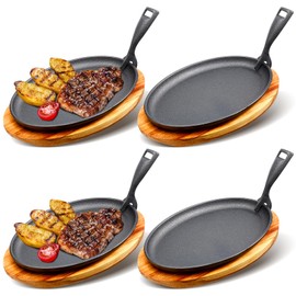 FoldTier 4 Sets Cast Iron Skillet Set 10.63'' x 6.89'' Fajita Plate Sizzling Pan with Wooden Base Anti Scald Protection Removable Handle for Restaurant Kitchen Cooking Accessory BBQ Party
