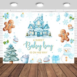 Tcoyodw Christmas Baby Shower Blue Gingerbread House Backdrop 7x5ft A Sweet Baby Boy is On His Way Photography Background Gingerbread Man Decorations Banner Baby Shower Party Photo Studio Props