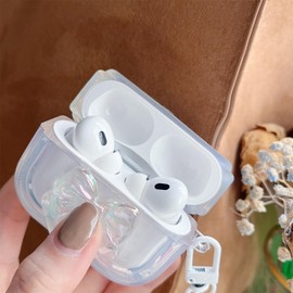 MINSCOSE Compatible with AirPods Pro Clear Case, Cute 3D Crystal Bow Knot Pattern Design with Bling Heart Beads Keychain, Soft TPU Shockproof Protective Case for Girls for AirPods Pro