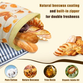 kanuoc Reusable Beeswax Bread Bags for Homemade Bread, Cotton Sourdough Breads Bags with Zipper for Double Freshness, Extra Large and Easy to Clean Cotton Food Storage Bag （2Pack, 17” x 12”）