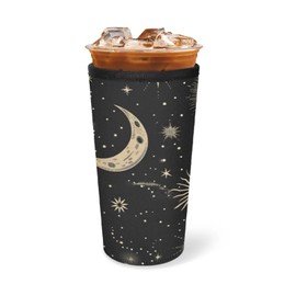 Reusable Iced Coffee Sleeve with Handle, Moon & Stars Black Coffee Cup Sleeves for Cold Drinks, Neoprene Cup Sleeve Insulated Cooler, Cup Holder Prevents Condensation for Cars 24-28oz