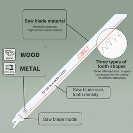 3PCS 12Inch Reciprocating Saw Blade for Fast Metal Cutting, 10-14 TPI 300mm Long Sabre Saw Blades for Metals, Bi-Metal Recip Saw Blades for Bosch, Dewalt, Makita, Ryobi, Black & Decker Recip Saws