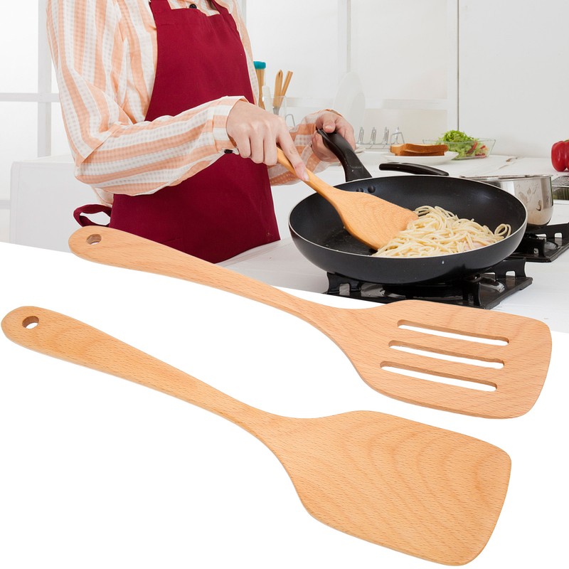 2Pcs Wooden Spatula Heat Resistant Light Weight Kitchen Cooking Utensils
