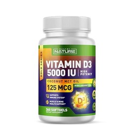 Built by Nature Vitamin D3 5000 IU (125mcg) with Coconut MCT Oil – Easy to Swallow Mini Soft Gels - 1 Year Supply – 360 Softgels
