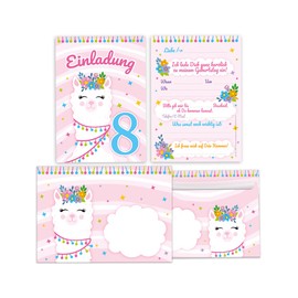 Minkocards 12 Invitation Cards Including 12 Envelopes for Children's Eighth Birthday 8th Birthday Girls Llama Colourful Invitations for Birthday Children Invitation Set