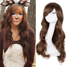 YEESHEDO 32" 80 cm Long Wavy Curly Hair Cosplay Wigs with Bangs for Women Girls Heat Resistant Synthetic Wig for Party Costume Anime Halloween (Dark Brown)
