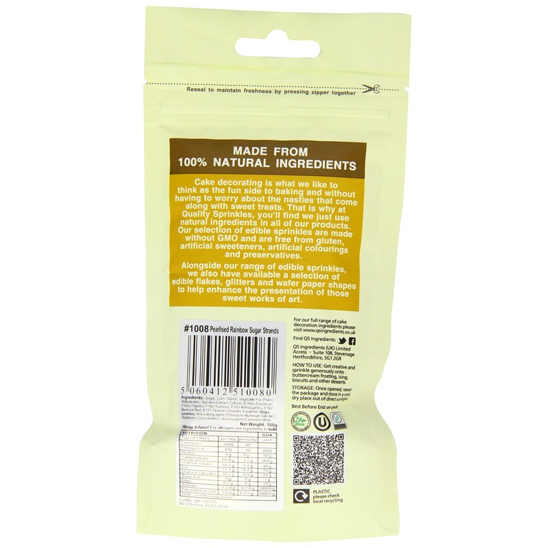 Quality Sprinkles Pearlised Rainbow Sugar Strands Sprinkles 100 g (Pack