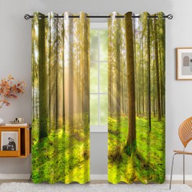 Laeacco Sunshine Forest Blackout Curtains Green Cedar Trees and Mosses Curtain Drapes Sunrise Forest Nature Scenery Window Curtains for Home Office Bedroom Living Dining Room 42x63 Inch, 2 Panels