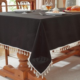meioro Rectangular Tablecloth, Water-Resistant with Lotus Effect, Tassel Tablecloth Polyester Table Cover, Waterproof Tablecloths, Table Protector for Kitchen, Dining Room, Decoration (Black, 140 x