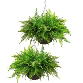 QIANYUN QIANYUN Fake Fern Outdoor Artificial Plants-2-Pack Artificial Outdoor Hanging Fern Faux Greenery UV Resistant Plastic Plants for Front Porch Living Room Garden Decor- Including Hanging Planters