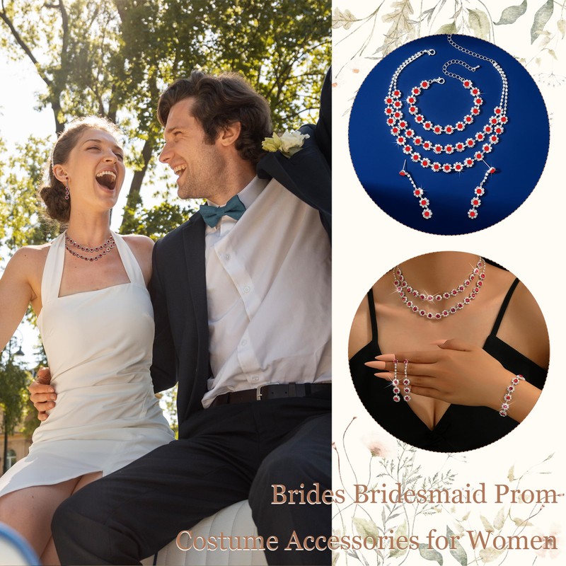 HUASAI Red Wedding Jewelry Sets for Brides Rhinestone Necklace Earrings
