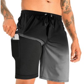APTRO Swimming Shorts Men Swim Trunks with Compression Liner 2 in 1 Quick Dry Beach Summer 9'' Board Shorts with Zipper Pockets Gradient Black MK352 XL