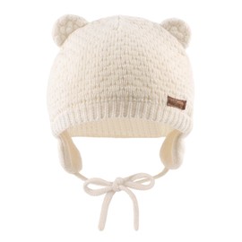 XIAOHAWANG Baby Winter Hat Boys Girls Warm Knitted Hats Soft Cotton Lining with Cute Bear Ears Winter Baby Hat, White+Navy+Grey
