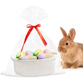 Small Woven Easter Basket with Gift Bag & Ribbon – Cute White Storage Bin