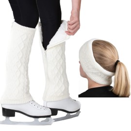 CRS Cross Leg Warmers and Headband Set for Figure Skating. Zipper Easy On/Off. Warm Knit Fleece Lined - White Long