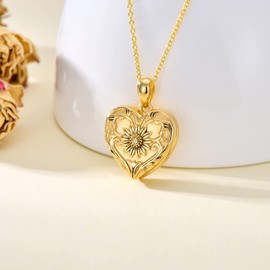 SOULMEET - Collar con medallón de girasol/rosa/margarita con forma de corazón que sostiene imágenes para mantener a alguien cerca de ti en plata de ley y oro, Plata, Circonia cúbica