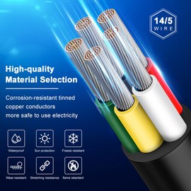 14 Gauge 5 Conductor Electrical Wire, 50FT 2464 14AWG 5 Wire Cable Black PVC Stranded Tinned Copper, 14/5 Cord Extension Low Voltage Cable