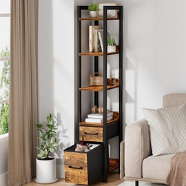 KLUVIS Skinny Bookshelf for Small Spaces - 5 Tier Thin Book Shelf with Storage Drawers Narrow Shelves Slim Bookshelves 2 Fabric Drawer 60 inch Tall, Farmhouse Brown (03BN)