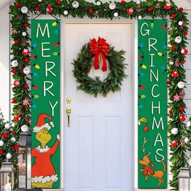 Merry Christmas Hanging Banner Merry Girnchmas Porch Sign Girnch and Maxs Flag Outside Indoor Yard Xmas Theme Party Decor 72 x 12 inches