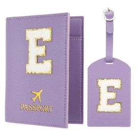 PATIKIL Passport Holder for Travel, Initial Passport Cover and Luggage Tag Set with Alphabet Chenille Letter Patch Travel Wallet Bag Suitcase Identifier for Women Family Travel Purple E