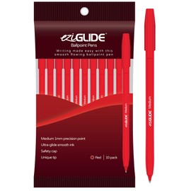 Eziglide Ballpoint Red Pen, Pack of 10 Ballpoint Pens, Smooth Writing Action-Medium Point 1.0mm Coloured Pens Multipack - Ball Point Pens Ideal Pens for School, Home or Work Stationery Supplies