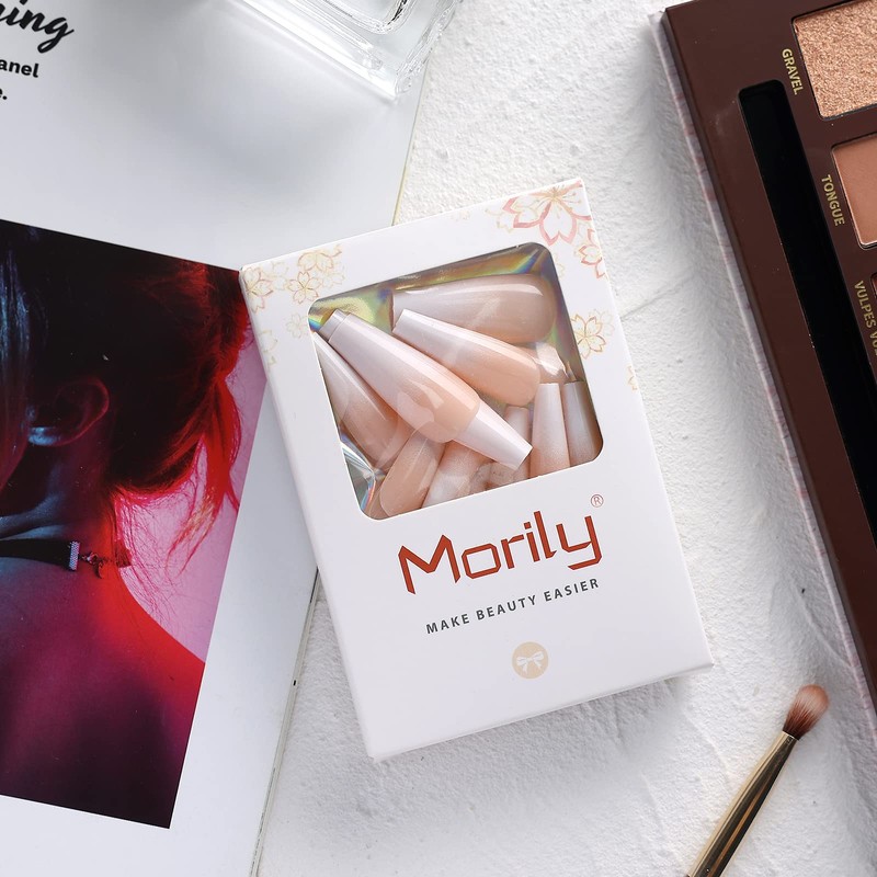 Morily 24pcs Fake Nails Nude White Ombre Ballerina Long Coffin