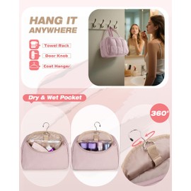 Marscamd Travel Toiletry Bag for Women with Hanging Hook, Water Resistant Puffy Makeup Organizer with Leak Proof Pockets for Toiletries and Cosmetics - Pink (Bag Only)