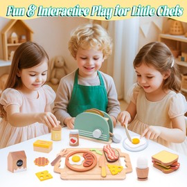 Play Kitchen Accessories Toddlers Wooden Pop-up Toaster Toy Play Food Kids Age , Bread, Butter, Poached Egg Cutting Pretend Toys