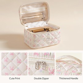 HBselect 3 PCS Quilted Makeup Bag, Cotton Large Travel Makeup Bag, Cute Floral Coquette Make up Bag Cosmetic Bag Toiletry Bag for Women Girls
