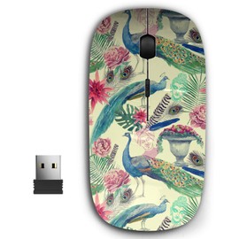 KAWAMOUSE 2.4G Ergonomic Portable USB Wireless Mouse for PC, Laptop, Computer, Notebook with Nano Receiver (Watercolor Peacocks Flowers)