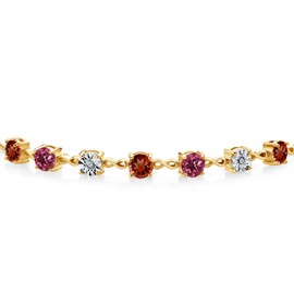 Gem Stone King 4.05 Ct Round Red Garnet Pink Tourmaline 18K Yellow Gold Plated Silver Lab Grown Diamond Tennis Bracelet For Women (Fully Adjustable Up to 9 Inch)