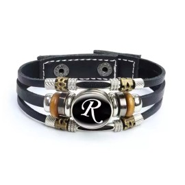 Unbranded Leather Bracelet Letter R Alphabet Cabochon Adjustable Snap Bracelet Men Women