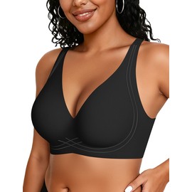 OEAK Womens Comfortable Deep V Bras Wireless Push Up Seamless Full Coverage Bralettes Supportive Bra Raceback Tshirt Bras Black,2XL