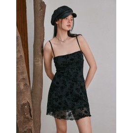 CIDER Women's Summer Mini Dress Floral Dresses Sleeveless Lace Mesh Square Neck Spaghetti Strap Short Party Dresses Black
