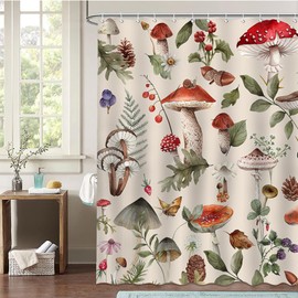 Avezano Mushroom Shower Curtain Natural Retro Mushroom Wild Plant Bathroom Shower Curtain Waterproof Bathtub Curtain Decor with 12 Hooks 72 X 72 Inches