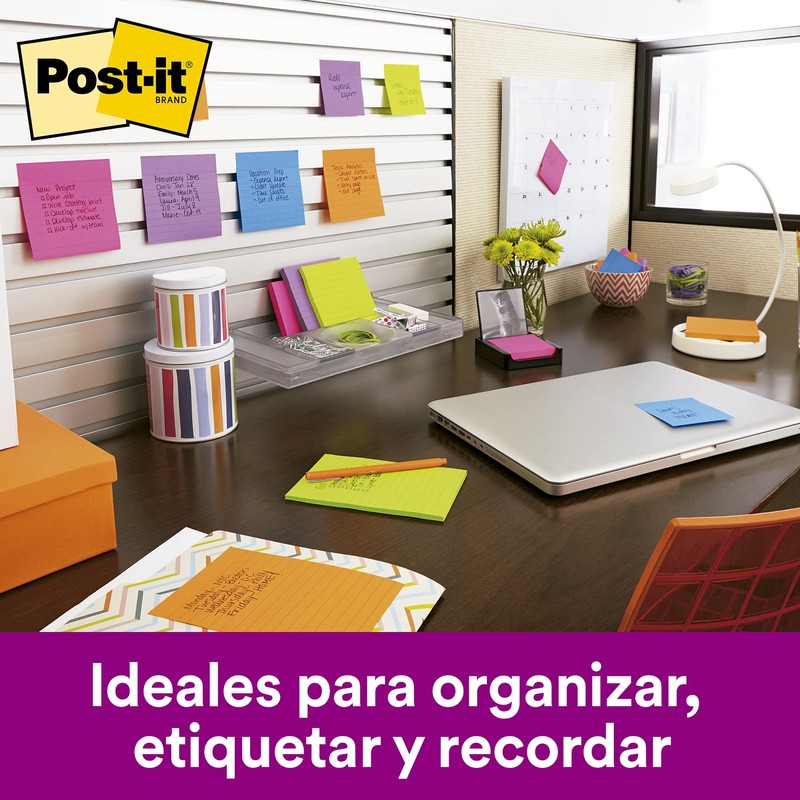 Post-it Notas Súper Adhesivas, Doble poder de adhesión, Colores Neón,