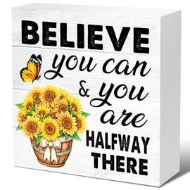 LVQHI Believe You Can and You Are Halfway There Wood Box Sign,Inspirational Wood Block Sign,Positive Quotes Wooden Signs,Motivational Sunflower Wood Sign for Home Office Shelf Desk Decor V511